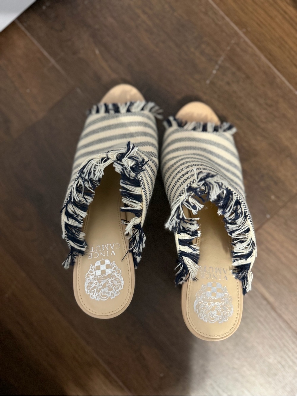 Vince Camuto Navy & Cream Fringed Slide Mules